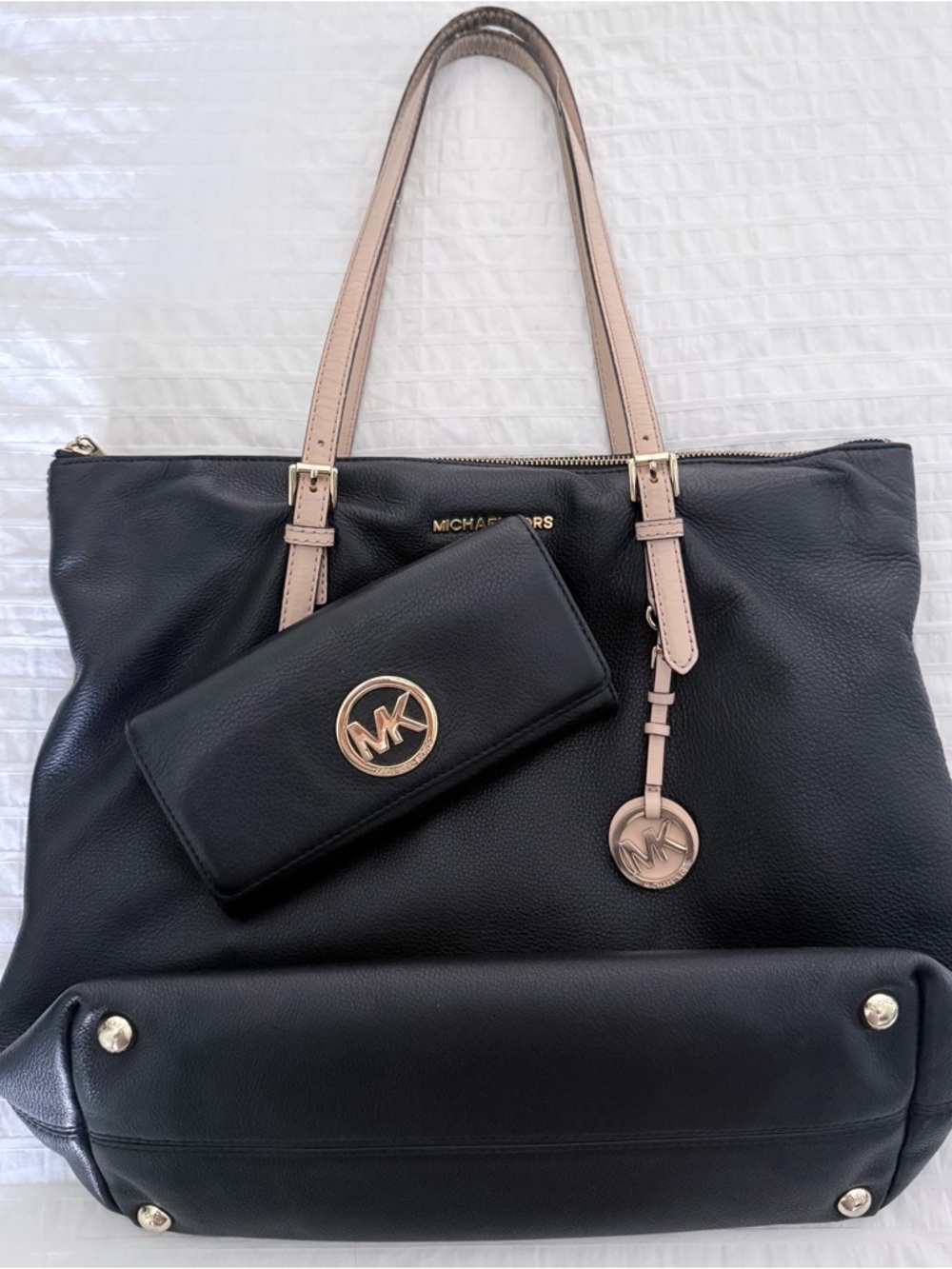 Michael Kors Black Tote with Blush Pink Straps and Gold Accents